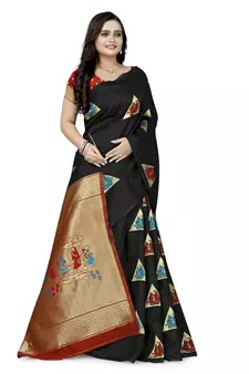 Black printed art silk saree saree with blouse