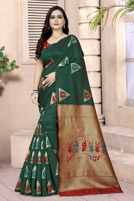 Green printed silk blend saree saree with blouse 1