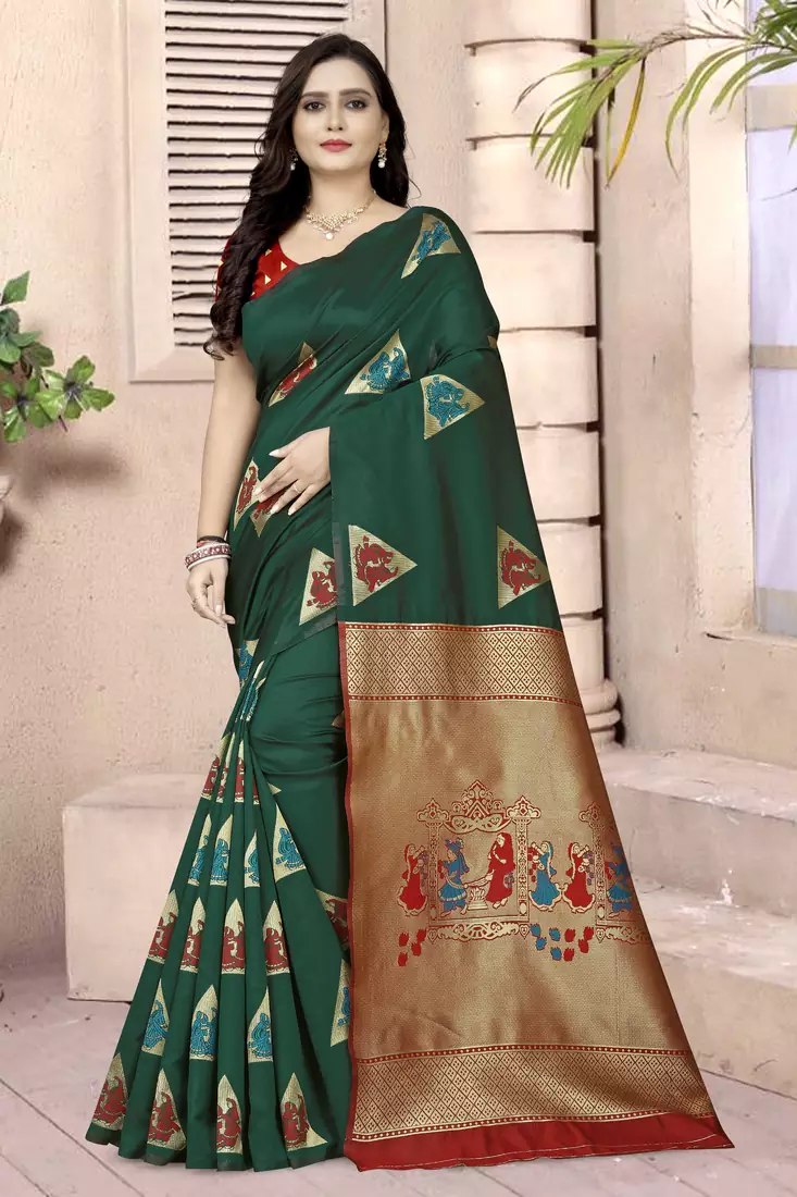 Green printed art silk saree saree with blouse