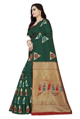 Green printed silk blend saree saree with blouse 2