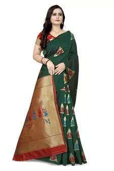 Green printed silk blend saree saree with blouse