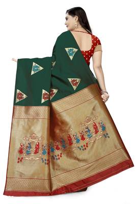 Green printed silk blend saree saree with blouse 4