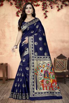 Blue printed art silk saree saree with blouse 1