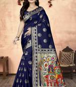 Blue printed art silk saree saree with blouse