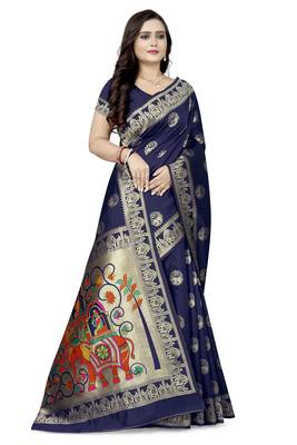 Blue printed art silk saree saree with blouse 3