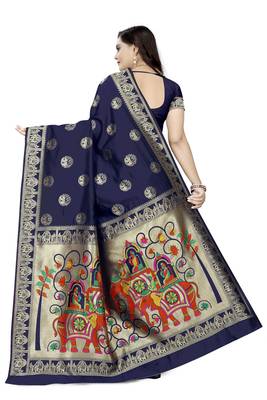 Blue printed art silk saree saree with blouse 4