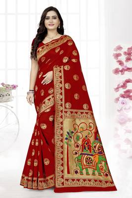 Red printed art silk saree saree with blouse 1