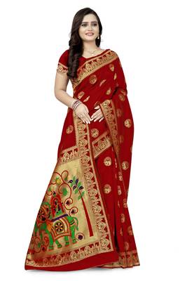 Red printed art silk saree saree with blouse 3