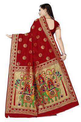 Red printed art silk saree saree with blouse 4