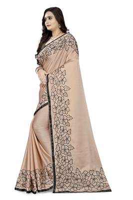 Light peach embroidered banarasi silk saree with blouse 2