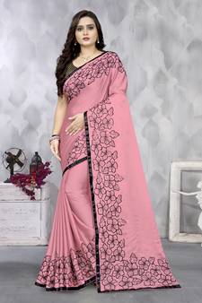 Pink embroidered Banarasi silk blend Saree with blouse