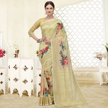 Cream printed art silk saree saree with blouse 1