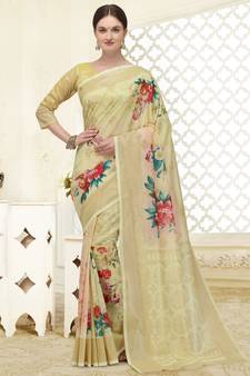 Cream printed art silk saree saree with blouse