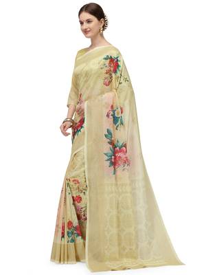 Cream printed art silk saree saree with blouse 2