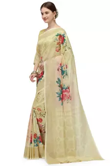 Cream printed art silk saree saree with blouse