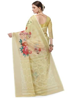 Cream printed art silk saree saree with blouse 3