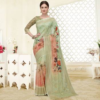 Beige printed banarasi silk saree with blouse 1