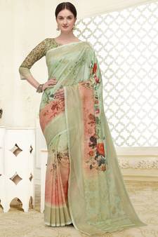 Beige printed banarasi silk saree with blouse