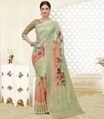 Beige printed banarasi silk saree with blouse