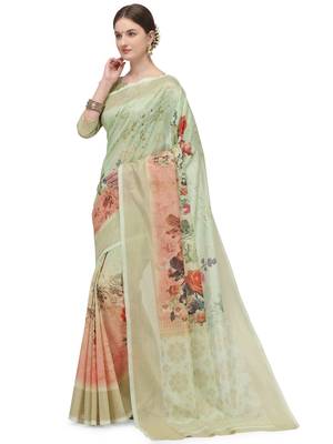 Beige printed banarasi silk saree with blouse 2