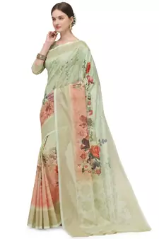 Beige printed banarasi silk saree with blouse
