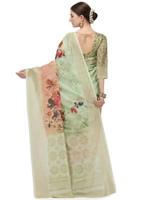 Beige printed banarasi silk saree with blouse 3