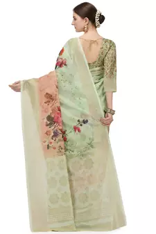 Beige printed banarasi silk saree with blouse