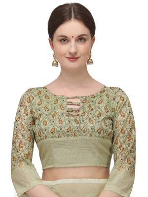Beige printed banarasi silk saree with blouse 5