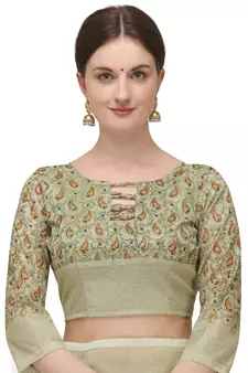 Beige printed banarasi silk saree with blouse