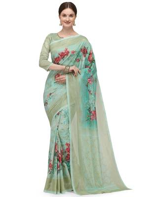 Green printed art silk saree saree with blouse 1