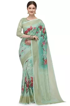 Green printed art silk saree saree with blouse