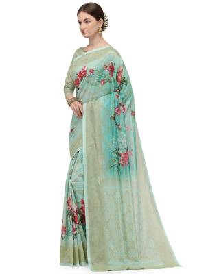 Green printed art silk saree saree with blouse 2
