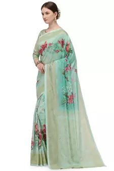 Green printed art silk saree saree with blouse