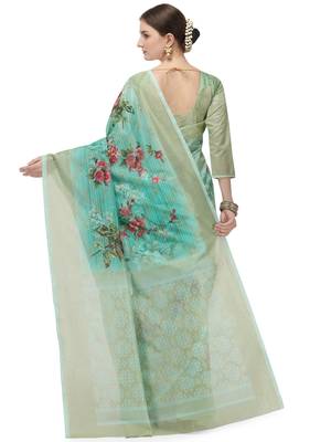 Green printed art silk saree saree with blouse 3