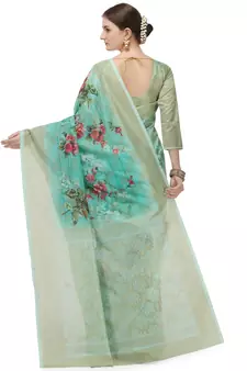 Green printed art silk saree saree with blouse