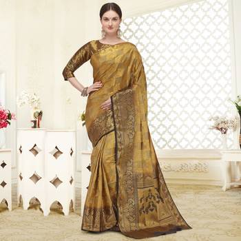 Beige printed banarasi silk saree with blouse 1