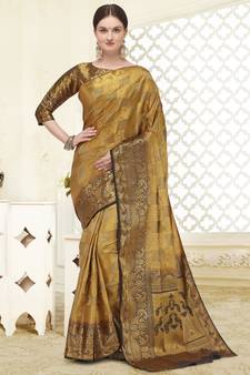Beige printed banarasi silk saree with blouse