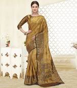 Beige printed banarasi silk saree with blouse