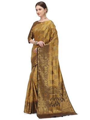 Beige printed banarasi silk saree with blouse 2