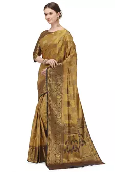 Beige printed banarasi silk saree with blouse