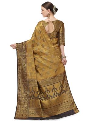 Beige printed banarasi silk saree with blouse 3