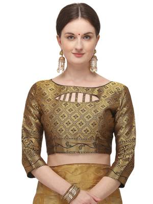 Beige printed banarasi silk saree with blouse 5