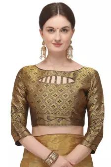Beige printed banarasi silk saree with blouse
