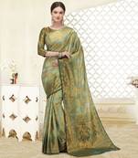 Green printed silk blend saree saree with blouse