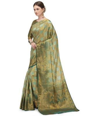 Green printed silk blend saree saree with blouse 2