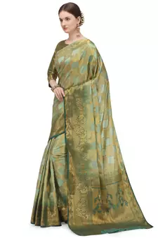 Green printed silk blend saree saree with blouse