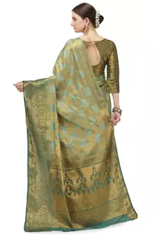 Green printed silk blend saree saree with blouse