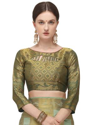 Green printed silk blend saree saree with blouse 5