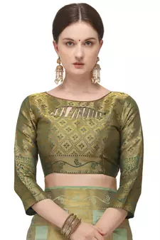 Green printed silk blend saree saree with blouse