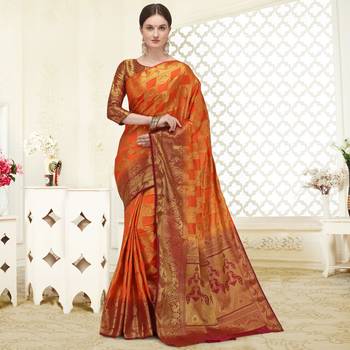 Orange printed art silk saree saree with blouse 1